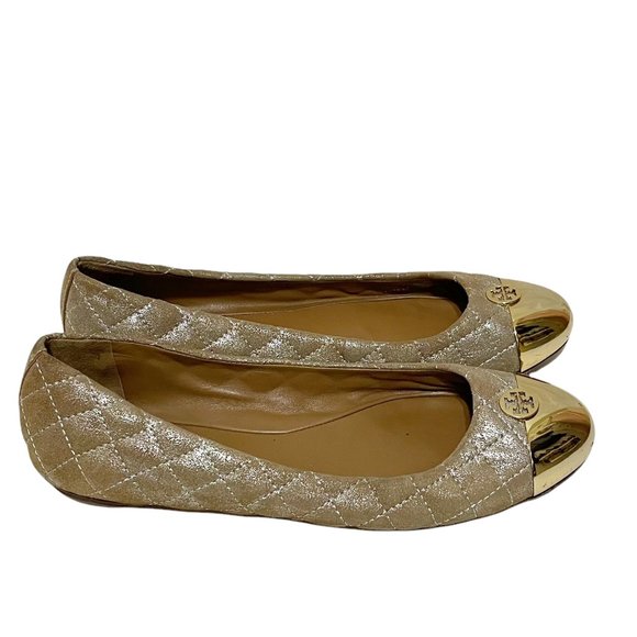 Tory Burch Shoes - Tory Burch Beige Quilted Nubuck Leather Kaitlin Metal Cap Toe Ballet Flats